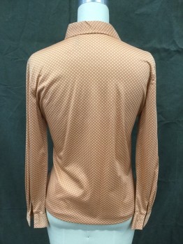 LOUBELLA, Peach Orange, White, Nylon, Polka Dots, Button Front, Pointy Collar Attached, Long Sleeves with Cuffs