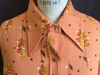 ALEX COLMAN, Peach Orange, Dk Brown, Dk Orange, Amber Yellow, White, Polyester, Floral, Leaves/Vines , Collar Attached, Button Front, Long Sleeves,