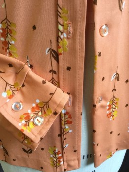 ALEX COLMAN, Peach Orange, Dk Brown, Dk Orange, Amber Yellow, White, Polyester, Floral, Leaves/Vines , Collar Attached, Button Front, Long Sleeves,