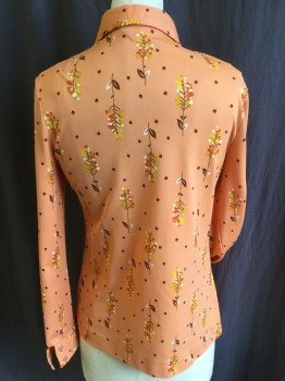 Womens, Blouse, ALEX COLMAN, Peach Orange, Dk Brown, Dk Orange, Amber Yellow, White, Polyester, Floral, Leaves/Vines , B:34, Collar Attached, Button Front, Long Sleeves,