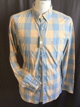 J.CREW, Teal Blue, Peach Orange, Cotton, Elastane, Check , Collar Attached, Button Down, Button Front, 1 Pocket, Long Sleeves, Curved Hem