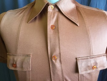 Mens, Shirt Disco, FOX 991, Rust Orange, Polyester, Solid, S, Collar Attached, Button Front, 2 Pockets with Flap, Short Sleeves, Late 70'S Early 1980'S