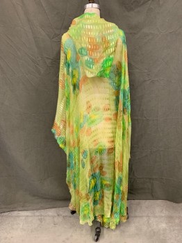 Womens, 1970s Vintage, Piece 1, MTO SCHNEEMAN STUDIO, Chartreuse Green, Brown, Green, Silk, Abstract , B 36, Diaphanous Robe, Abstract Print with Rectangular Green Woven Stripes, Large Armholes, Hood, **Separate Scarf,