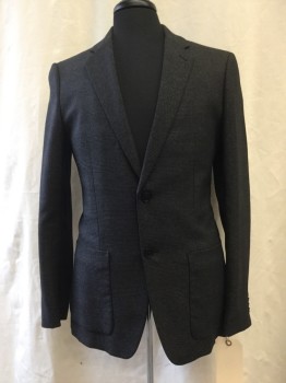Mens, Sportcoat/Blazer, THEORY, Gray, Black, Wool, Synthetic, Plaid-  Windowpane, 38 R, Notched Lapel, Collar Attached, 2 Buttons,  2 Pockets,