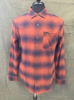 PENQUIN, Brick Red, Midnight Blue, Cotton, Plaid, Flannel, Choppy Plaid, Button Front, Collar Attached, Long Sleeves, Button Cuff, 1 Pocket