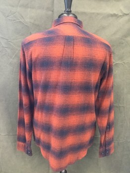PENQUIN, Brick Red, Midnight Blue, Cotton, Plaid, Flannel, Choppy Plaid, Button Front, Collar Attached, Long Sleeves, Button Cuff, 1 Pocket