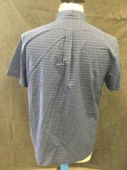 RALPH LAUREN, Navy Blue, Blue, White, Red, Cotton, Plaid, Grid , Button Front, Collar Attached, Button Down Collar, Short Sleeves