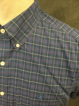 RALPH LAUREN, Navy Blue, Blue, White, Red, Cotton, Plaid, Grid , Button Front, Collar Attached, Button Down Collar, Short Sleeves