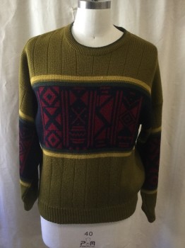 CABRINI, Pea Green, Yellow, Red, Navy Blue, Dk Green, Wool, Acrylic, Wide Ribbed Peagreen Top and Bottom, Center Stripe with Geometric Pattern Center, Ribbed Knit Crew Neck/Waistband/Cuff