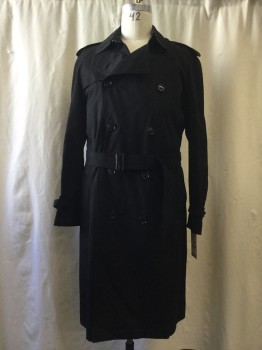 Mens, Coat, Trenchcoat, BURBERRY, Black, Cotton, Solid, 54, Double Breasted, 10 Buttons, Collar Attached, 2 Pockets, Epaulets, Belt with D. rings
