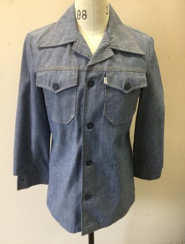 Mens, Western Shirt, LEVI'S GENTLEMAN'S, Denim Blue, Dusty Blue, Poly/Cotton, Solid, S, Chambray, Long Sleeve Button Front, Collar Attached, Tan Top Stitching, 2 Patch Pockets with Batwing Flaps, 1 Button Closure, "Peace Corps Vista" Decal Added to Back of Shirt,
