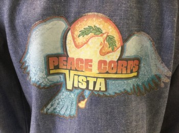 Mens, Western Shirt, LEVI'S GENTLEMAN'S, Denim Blue, Dusty Blue, Poly/Cotton, Solid, S, Chambray, Long Sleeve Button Front, Collar Attached, Tan Top Stitching, 2 Patch Pockets with Batwing Flaps, 1 Button Closure, "Peace Corps Vista" Decal Added to Back of Shirt,