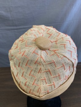 Womens, Hat, N/L, Lt Beige, Peach Orange, Linen, Geometric, S, Sporty Cap, Solid Brim with Patterned Crown, Self Covered Button at Top of Head, Self Bow at Center Front, Fashionable Take on a Jockey or Baseball Cap, 1930's