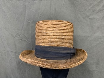 Mens, Historical Fiction Hat , MTO, Tan Brown, Dk Brown, Straw, Solid, 1850'S  Shaker Hat, Tan/brown Straw Hat, Dark Chocolate Brown 1.5" Ribbon Around Crown, Rounded Brim