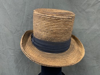 Mens, Historical Fiction Hat , MTO, Tan Brown, Dk Brown, Straw, Solid, 1850'S  Shaker Hat, Tan/brown Straw Hat, Dark Chocolate Brown 1.5" Ribbon Around Crown, Rounded Brim