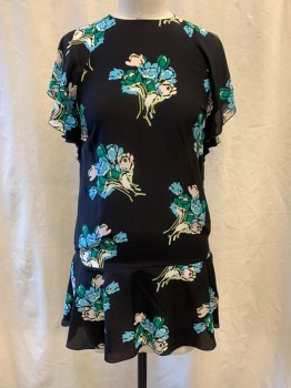 Womens, Dress, Short Sleeve, RED VALENTINO, Black, Baby Blue, White, Green, Silk, Polyester, Floral, M, Waterfall Sleeves, Zip Back, Short Sleeves