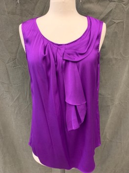 Womens, Top, ELIE TAHARI, Aubergine Purple, Silk, Elastane, Solid, S, Scoop Neck, Sleeveless, Attached 1/2 Bow Panel From Shoulder to Ruffle Front