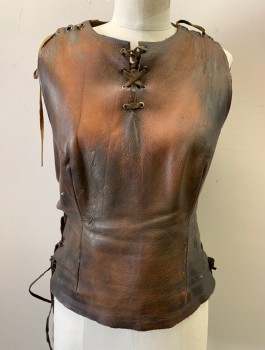 N/L MTO, Brown, Leather, Aged Leather,Sleeveless, Round Neck, Suede Laces at Neck, Shoulder Seams, and Side Seams, Princess Seams, Made To Order