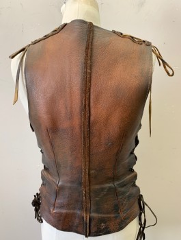 Womens, Sci-Fi/Fantasy Top, N/L MTO, Brown, Leather, B33-36, Aged Leather,Sleeveless, Round Neck, Suede Laces at Neck, Shoulder Seams, and Side Seams, Princess Seams, Made To Order