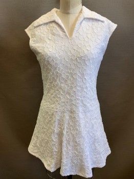 Womens, Athletic, MTO, White, Polyester, Floral, W30, B34, Tennis Dress, Back Zipper, Cap Sleeves, Collar Attached, V-neck, Low Waist, Heavy Lace with Soutache Flowers, Lined