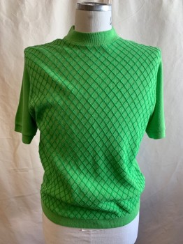 Mens, Shirt, N/L, Lime Green, Orlon Acrylic, Diamonds, Solid, XL, Mock Neck, Short Sleeves