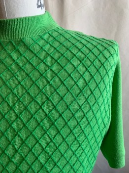 N/L, Lime Green, Orlon Acrylic, Diamonds, Solid, Mock Neck, Short Sleeves