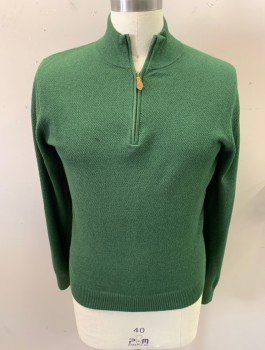 Mens, Pullover Sweater, BROOKS BROTHERS, Green, Cotton, Cashmere, Text, M, 3/4  Zipper