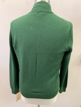 Mens, Pullover Sweater, BROOKS BROTHERS, Green, Cotton, Cashmere, Text, M, 3/4  Zipper