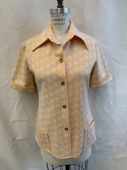Womens, 1960s Vintage, Piece 1, NL, Goldenrod Yellow, White, Synthetic, Floral, Geometric, W30, B36, Short Sleeve Shirt, Button Front, 5 Metal Buttons, 2 Pockets, Cuffed Sleeves