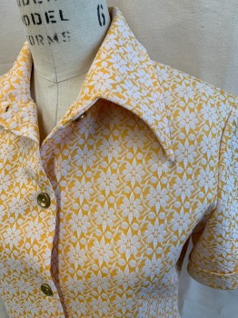 Womens, 1960s Vintage, Piece 1, NL, Goldenrod Yellow, White, Synthetic, Floral, Geometric, W30, B36, Short Sleeve Shirt, Button Front, 5 Metal Buttons, 2 Pockets, Cuffed Sleeves