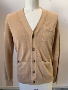 Mens, Cardigan Sweater, J. CREW, Khaki Brown, Cotton, Cashmere, Solid, L, L/S, V Neck, Button Front
