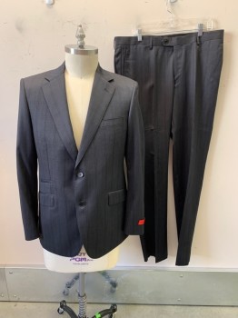 Mens, Suit, Jacket, BARTORELLI NAPOLI, Dk Gray, Black, Wool, Plaid, 44R, Notched Lapel, Single Breasted, Button Front, 2 Buttons, 3 Pockets