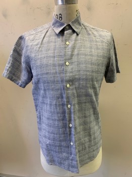 THEORY, Navy Blue, White, Linen, Cotton, 2 Color Weave, S/S, Button Front, Collar Attached