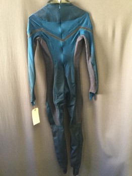 MTO, Teal Blue, Black, Gray, Rubber, Spandex, Solid, Color Blocking, Long Sleeve Coverall, Back Zipper, Front Neck Zip for Cleavage, Rubber Stand Collar, Foot and Hand Stirrups, Ribbed Panels and Chevron Inserts. Petite Hight