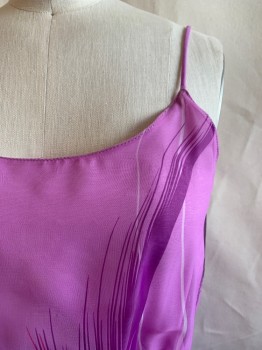 N/L, Lilac Purple, Dk Purple, Hot Pink, Acetate, Abstract , Maxi Dress, Spaghetti Straps, Scoop Neck, Purple And Pink Pattern At Hem, Elastic Waistband, 3 Matching Ribbon Ties (Lavender, Purple, Hot Pink)