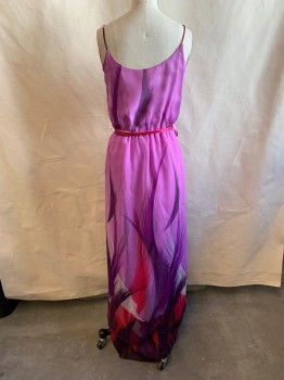 N/L, Lilac Purple, Dk Purple, Hot Pink, Acetate, Abstract , Maxi Dress, Spaghetti Straps, Scoop Neck, Purple And Pink Pattern At Hem, Elastic Waistband, 3 Matching Ribbon Ties (Lavender, Purple, Hot Pink)