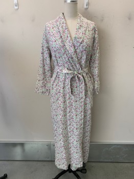 Womens, SPA Robe, VERMONT COUNTRY STOR, Lavender Purple, Green, Cotton, Floral, S, Flannel, L/S, Shawl Collar, 2 Hip Pocket, Matching Belt, Inside Ties