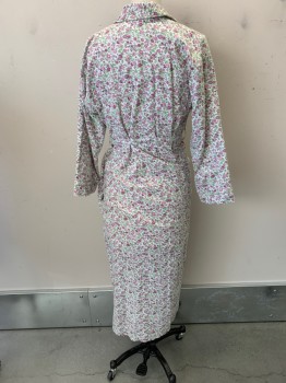 Womens, SPA Robe, VERMONT COUNTRY STOR, Lavender Purple, Green, Cotton, Floral, S, Flannel, L/S, Shawl Collar, 2 Hip Pocket, Matching Belt, Inside Ties