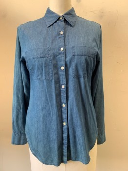 Womens, Blouse, FOX CROFT, Blue, Cotton, Solid, 10, L/S, Button Front, Collar Attached, Chest Pockets