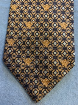 Mens, Tie, Vercace, Black, Gold, Silk, Medallion Pattern, Human Figure, Wide,woven Disc Pattern with Medusa Head Spaced Every 4, in Design