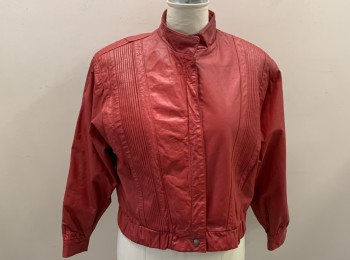 Womens, Jacket, MARCO MORANI, Red, Leather, Solid, 14, Stand Collar, Zip Front, Pleats On Front, Hidden Pckts In Pleat, Dolman Sleeve, Elastic Waist