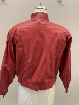 MARCO MORANI, Red, Leather, Solid, Stand Collar, Zip Front, Pleats On Front, Hidden Pckts In Pleat, Dolman Sleeve, Elastic Waist