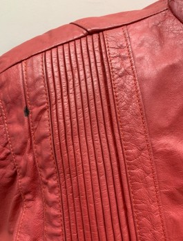 Womens, Jacket, MARCO MORANI, Red, Leather, Solid, 14, Stand Collar, Zip Front, Pleats On Front, Hidden Pckts In Pleat, Dolman Sleeve, Elastic Waist