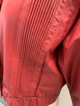 MARCO MORANI, Red, Leather, Solid, Stand Collar, Zip Front, Pleats On Front, Hidden Pckts In Pleat, Dolman Sleeve, Elastic Waist