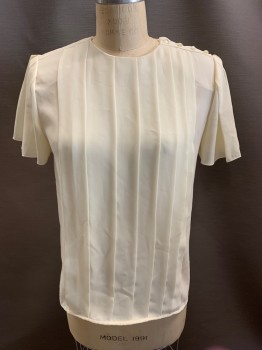 CHAUS, Cream, Polyester, Round Neck, Pleated Front, Button Shoulder, Pleated Shoulder, Short Flutter Sleeves
