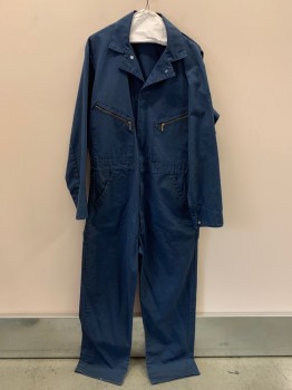 Mens, Coveralls/Jumpsuit, NO LABEL, Navy Blue, Polyester, Cotton, Solid, L, L/S, Zip Front With Snap Buttons, Collar Attached, Chest, Side, And Back Pockets,