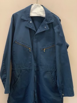 Mens, Coveralls/Jumpsuit, NO LABEL, Navy Blue, Polyester, Cotton, Solid, L, L/S, Zip Front With Snap Buttons, Collar Attached, Chest, Side, And Back Pockets,