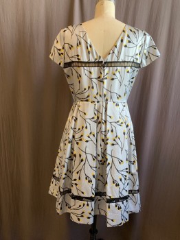 Womens, Dress, Short Sleeve, N/L, Powder Blue, Black, Yellow, Cotton, Silk, Floral, W 32, B 36, Cap Sleeve, Scoop Back Neck, Fagoting Across Chest and 4" From Hem, Box Pleated Skirt, Back Zip