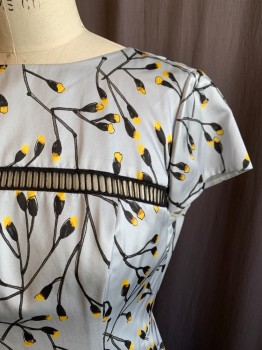 Womens, Dress, Short Sleeve, N/L, Powder Blue, Black, Yellow, Cotton, Silk, Floral, W 32, B 36, Cap Sleeve, Scoop Back Neck, Fagoting Across Chest and 4" From Hem, Box Pleated Skirt, Back Zip