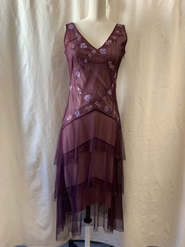 BCBG MAX AZRIA, Plum Purple, Polyester, V-neck, Sleeveles, Embroidered, Beaded, & Sequins Flowers, Ruffle Layers, Sequins & Bead Trim on Each Layer, Midi Dress
